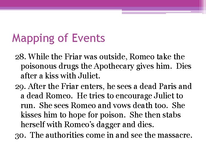 Mapping of Events 28. While the Friar was outside, Romeo take the poisonous drugs