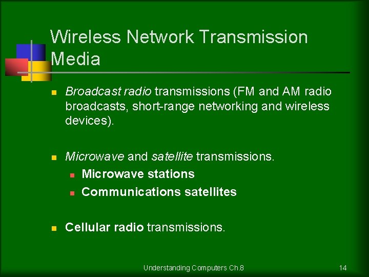 Wireless Network Transmission Media n n n Broadcast radio transmissions (FM and AM radio