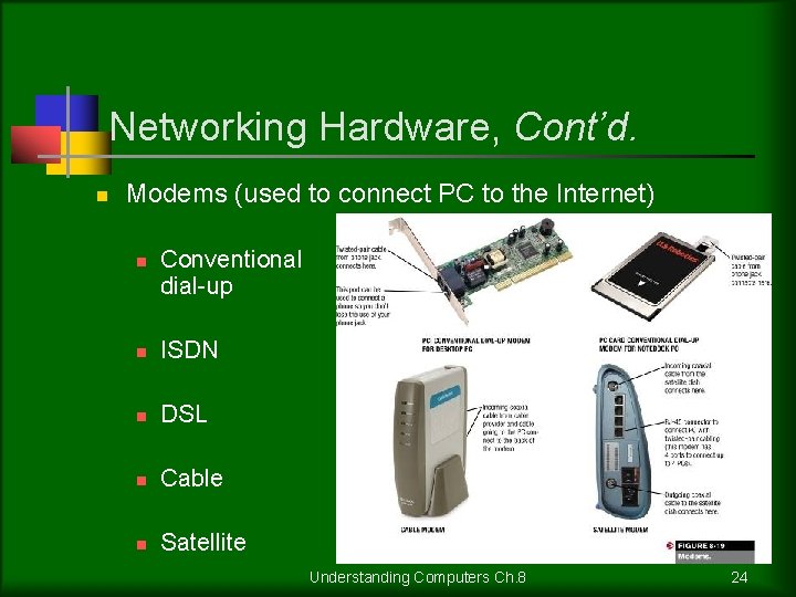 Networking Hardware, Cont’d. n Modems (used to connect PC to the Internet) n Conventional