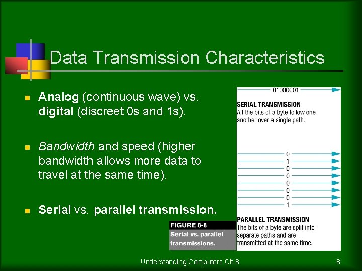 Data Transmission Characteristics n n n Analog (continuous wave) vs. digital (discreet 0 s