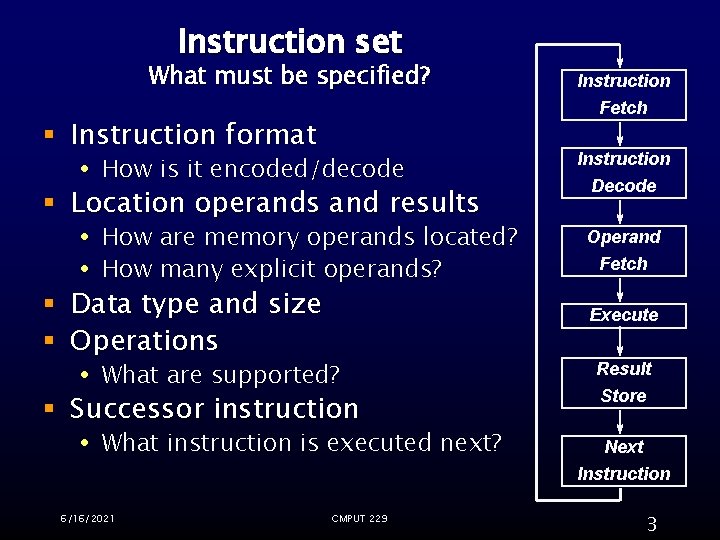 Instruction set What must be specified? Instruction Fetch § Instruction format How is it