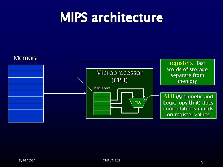 MIPS architecture Memory registers: fast Microprocessor (CPU) Registers ALU 6/16/2021 CMPUT 229 words of