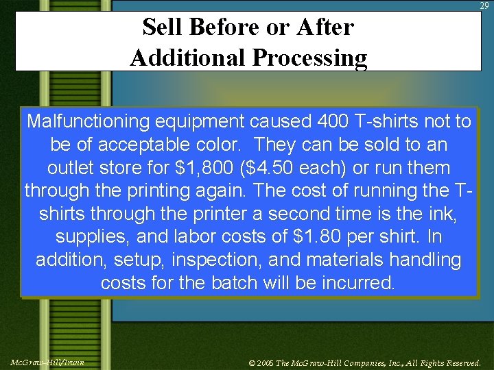 29 Sell Before or After Additional Processing Malfunctioning equipment caused 400 T-shirts not to