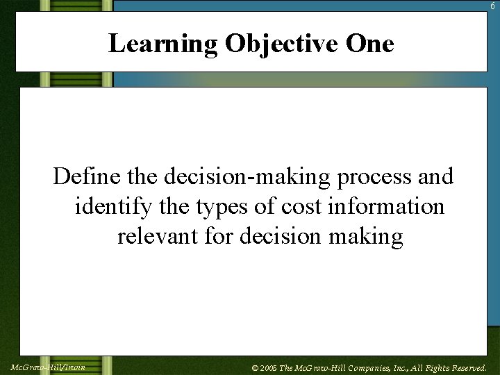 6 Learning Objective One Define the decision-making process and identify the types of cost