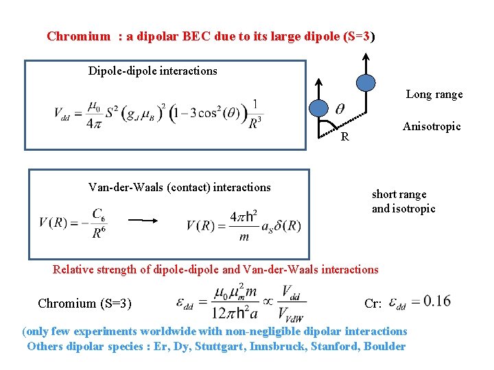 Chromium : a dipolar BEC due to its large dipole (S=3) Dipole-dipole interactions Long