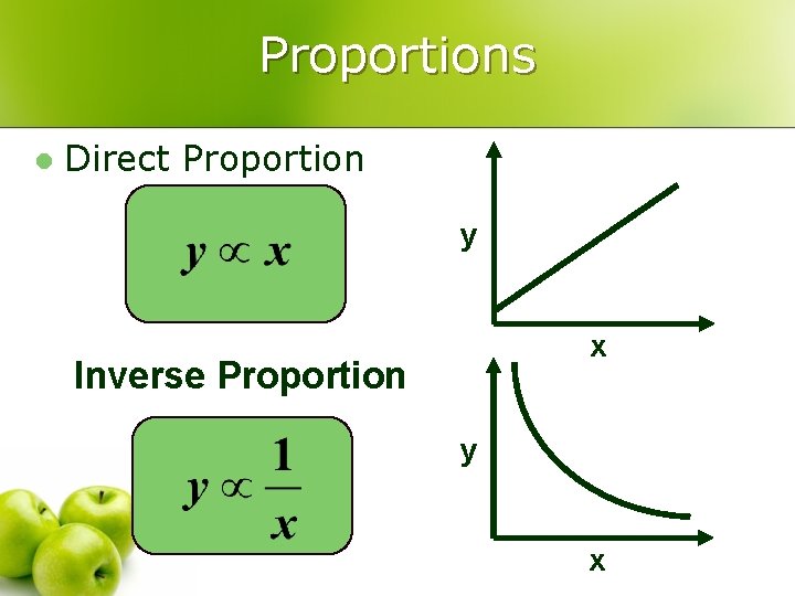 Proportions l Direct Proportion y x Ø Inverse Proportion y x 