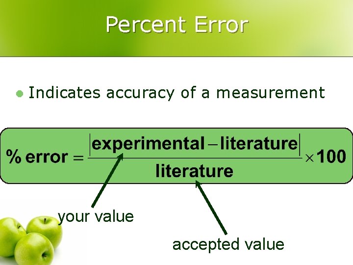 Percent Error l Indicates accuracy of a measurement your value accepted value 