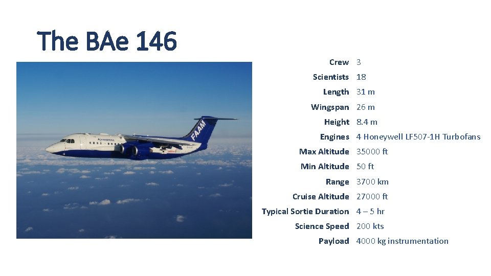 The BAe 146 Crew 3 Scientists 18 Length 31 m Wingspan 26 m Height