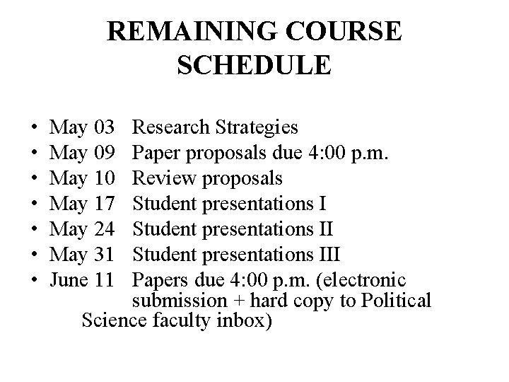 REMAINING COURSE SCHEDULE • • May 03 May 09 May 10 May 17 May