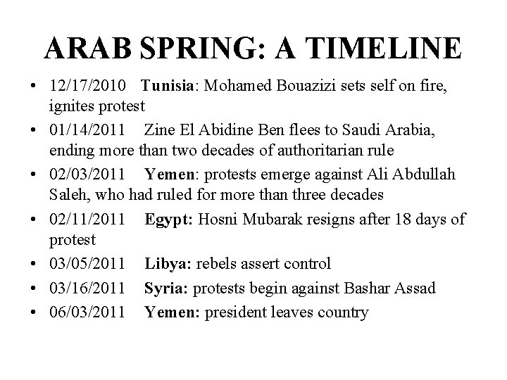 ARAB SPRING: A TIMELINE • 12/17/2010 Tunisia: Mohamed Bouazizi sets self on fire, ignites