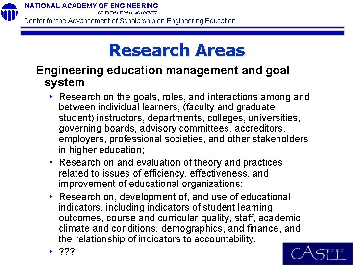 NATIONAL ACADEMY OF ENGINEERING OF THE NATIONAL ACADEMIES Center for the Advancement of Scholarship