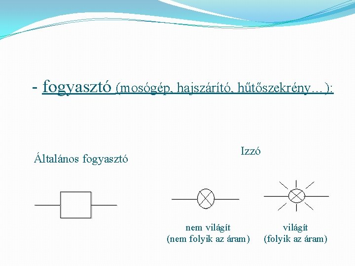 - fogyasztó (mosógép, hajszárító, hűtőszekrény…): Általános fogyasztó Izzó nem világít (nem folyik az áram)