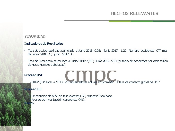 HECHOS RELEVANTES SEGURIDAD Indicadores de Resultados Clic para subtítulo • Tasa de accidentabilidad acumulada HECHOS RELEVANTES SEGURIDAD Indicadores de Resultados Clic para subtítulo • Tasa de accidentabilidad acumulada