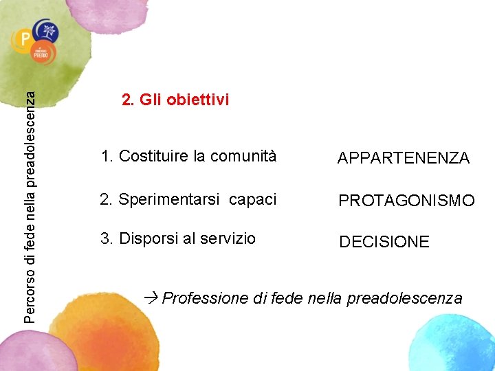 Percorso di fede nella preadolescenza 2. Gli obiettivi 1. Costituire la comunità APPARTENENZA 2.