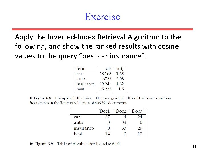 Exercise Apply the Inverted-Index Retrieval Algorithm to the following, and show the ranked results