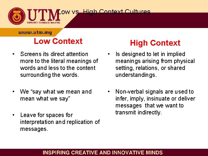 Low vs. High Context Cultures Low Context High Context • Screens its direct attention