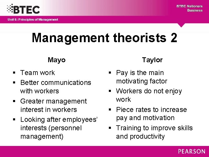 Unit 6: Principles of Management theorists 2 Mayo Taylor § Team work § Better