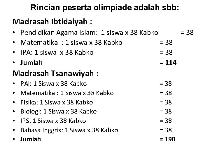 Rincian peserta olimpiade adalah sbb: Madrasah Ibtidaiyah : • • Pendidikan Agama Islam: 1 Rincian peserta olimpiade adalah sbb: Madrasah Ibtidaiyah : • • Pendidikan Agama Islam: 1