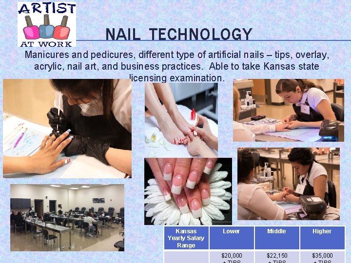 NAIL TECHNOLOGY Manicures and pedicures, different type of artificial nails – tips, overlay, acrylic,