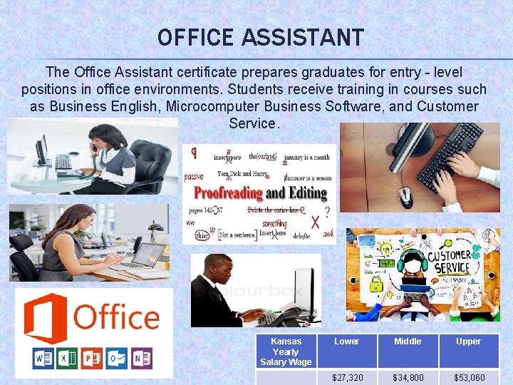 OFFICE ASSISTANT The Office Assistant certificate prepares graduates for entry - level positions in