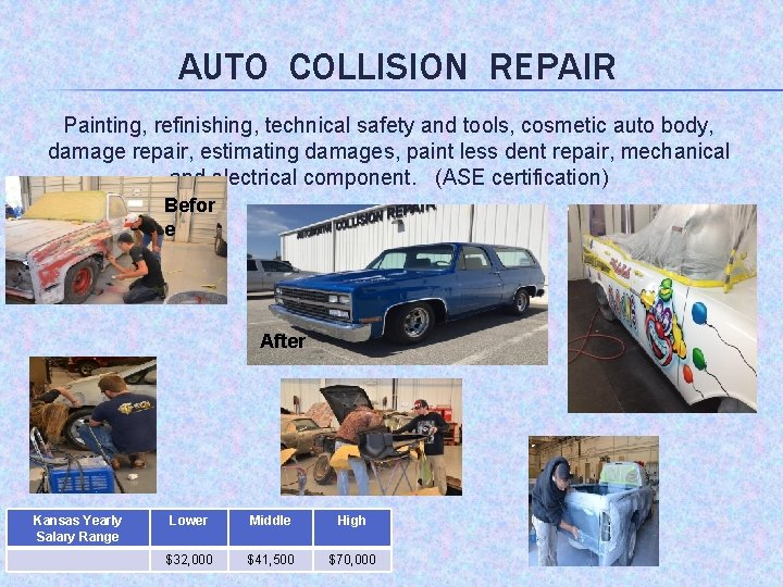 AUTO COLLISION REPAIR Painting, refinishing, technical safety and tools, cosmetic auto body, damage repair,
