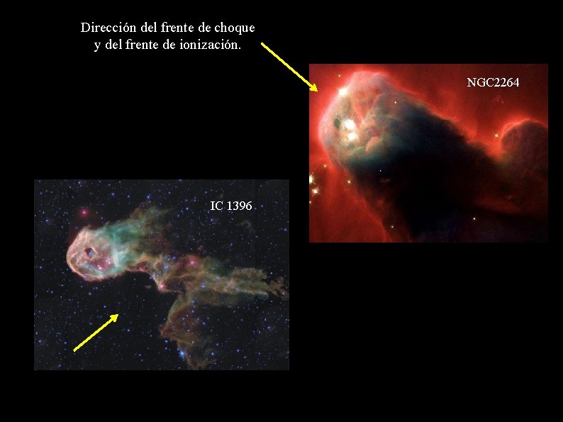 Dirección del frente de choque y del frente de ionización. NGC 2264 IC 1396