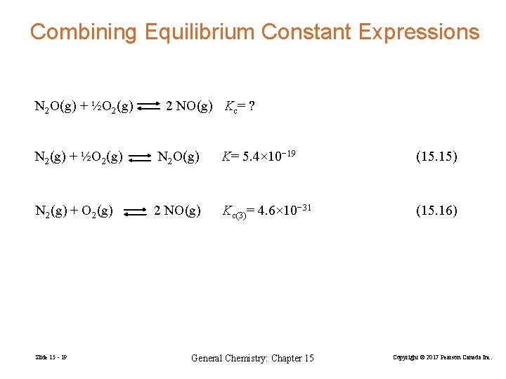 Combining Equilibrium Constant Expressions N 2 O(g) + ½O 2(g) 2 NO(g) Kc= ?