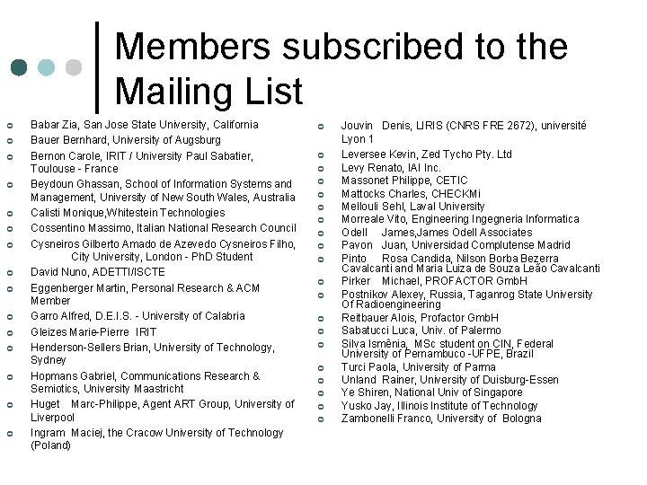 Members subscribed to the Mailing List ¢ ¢ ¢ ¢ Babar Zia, San Jose