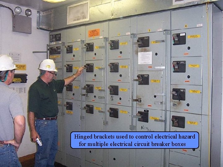 Manufacturing Lockout/Tagout Hinged brackets used to control electrical hazard for multiple electrical circuit breaker