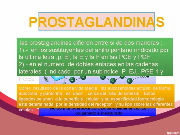 PROSTAGLANDINAS las prostaglandinas difieren entre si de dos maneras ; 1). - en los