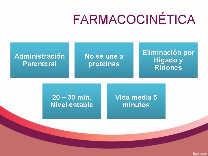 FARMACOCINÉTICA Administración Parenteral No se une a proteínas 20 – 30 min. Nivel estable