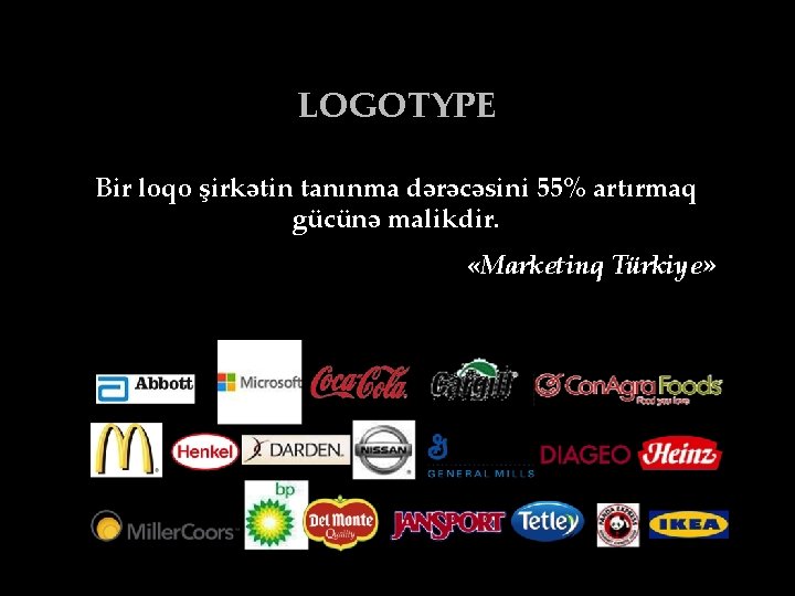 LOGOTYPE Bir loqo şirkətin tanınma dərəcəsini 55% artırmaq gücünə malikdir. «Marketinq Türkiye» 