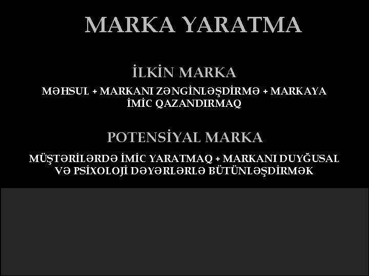 MARKA YARATMA İLKİN MARKA MƏHSUL + MARKANI ZƏNGİNLƏŞDİRMƏ + MARKAYA İMİC QAZANDIRMAQ POTENSİYAL MARKA