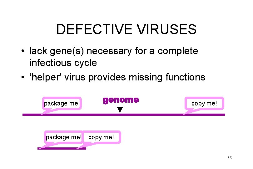 DEFECTIVE VIRUSES • lack gene(s) necessary for a complete infectious cycle • ‘helper’ virus