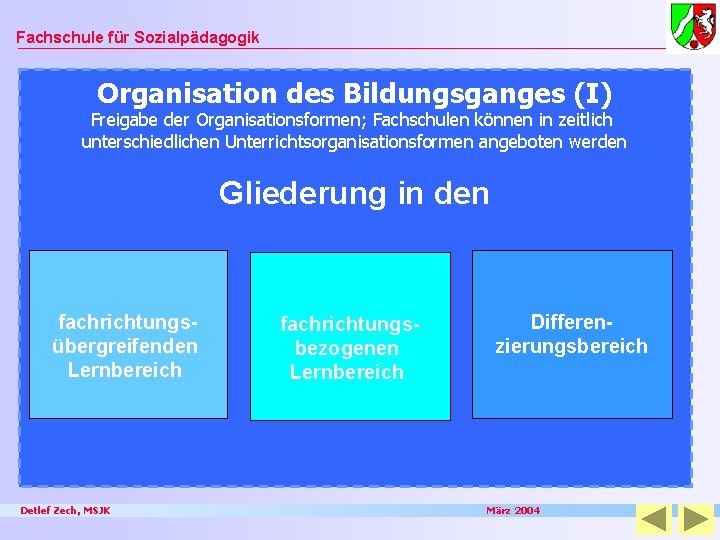 Fachschule für Sozialpädagogik Organisation des Bildungsganges (I) Freigabe der Organisationsformen; Fachschulen können in zeitlich