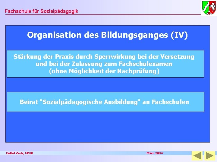 Fachschule für Sozialpädagogik Organisation des Bildungsganges (IV) Stärkung der Praxis durch Sperrwirkung bei der