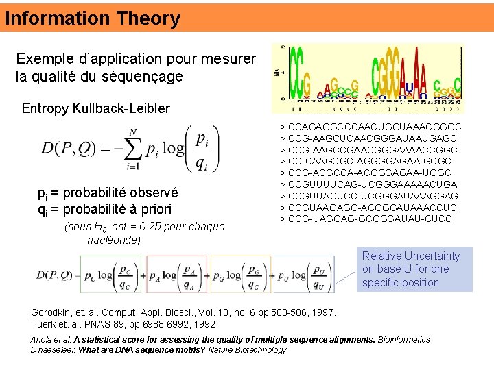 Information Theory Exemple d’application pour mesurer la qualité du séquençage Entropy Kullback-Leibler pi =
