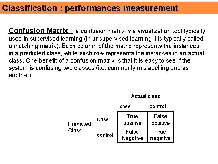 Classification : performances measurement Confusion Matrix : a confusion matrix is a visualization tool