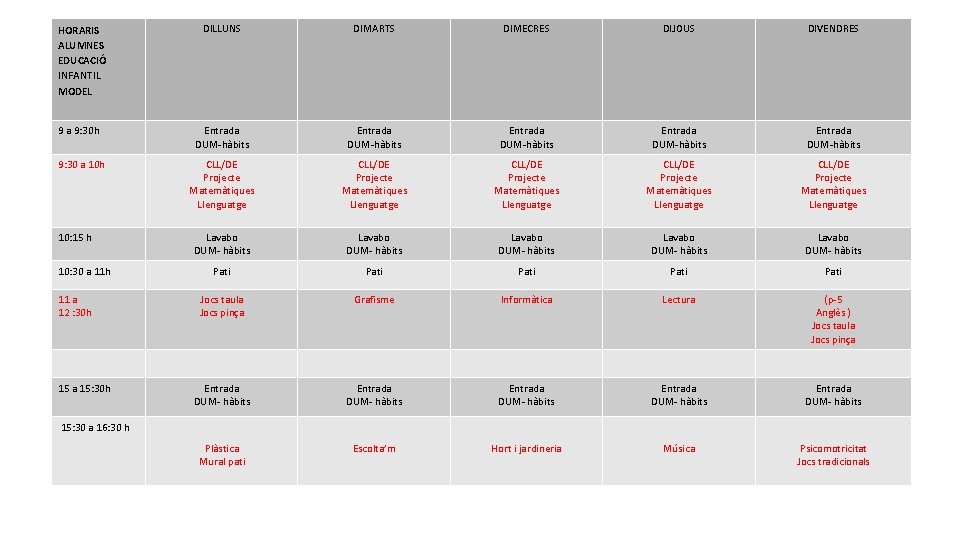 DILLUNS DIMARTS DIMECRES DIJOUS DIVENDRES 9 a 9: 30 h Entrada DUM-hàbits Entrada DUM-hàbits
