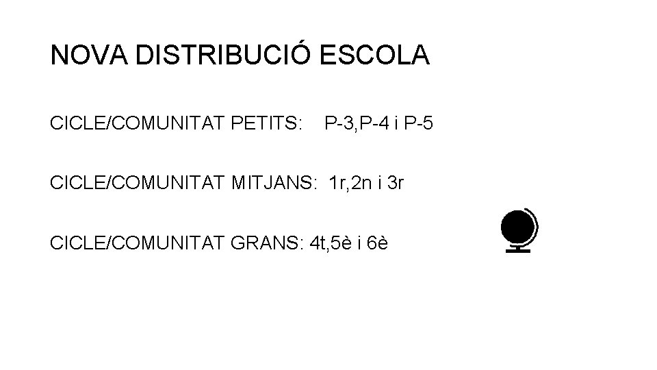 NOVA DISTRIBUCIÓ ESCOLA CICLE/COMUNITAT PETITS: P-3, P-4 i P-5 CICLE/COMUNITAT MITJANS: 1 r, 2