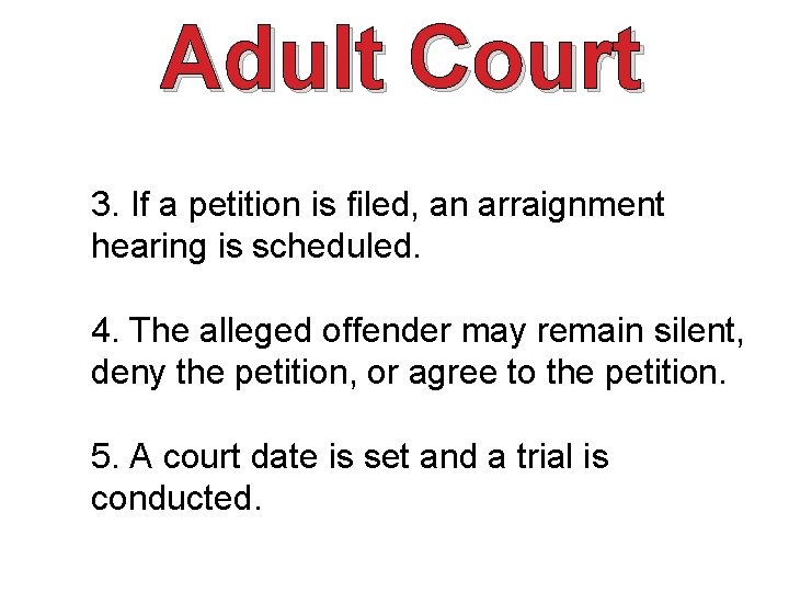 Adult Court 3. If a petition is filed, an arraignment hearing is scheduled. 4.