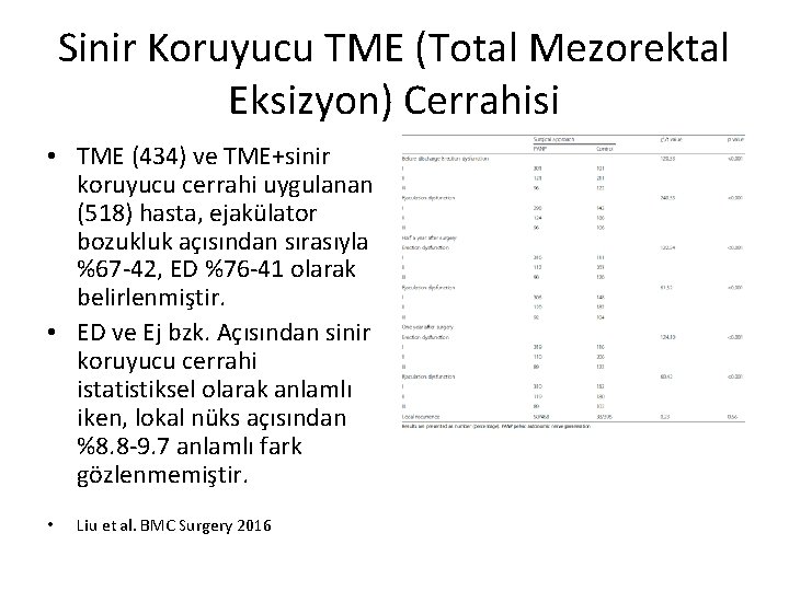 Sinir Koruyucu TME (Total Mezorektal Eksizyon) Cerrahisi • TME (434) ve TME+sinir koruyucu cerrahi