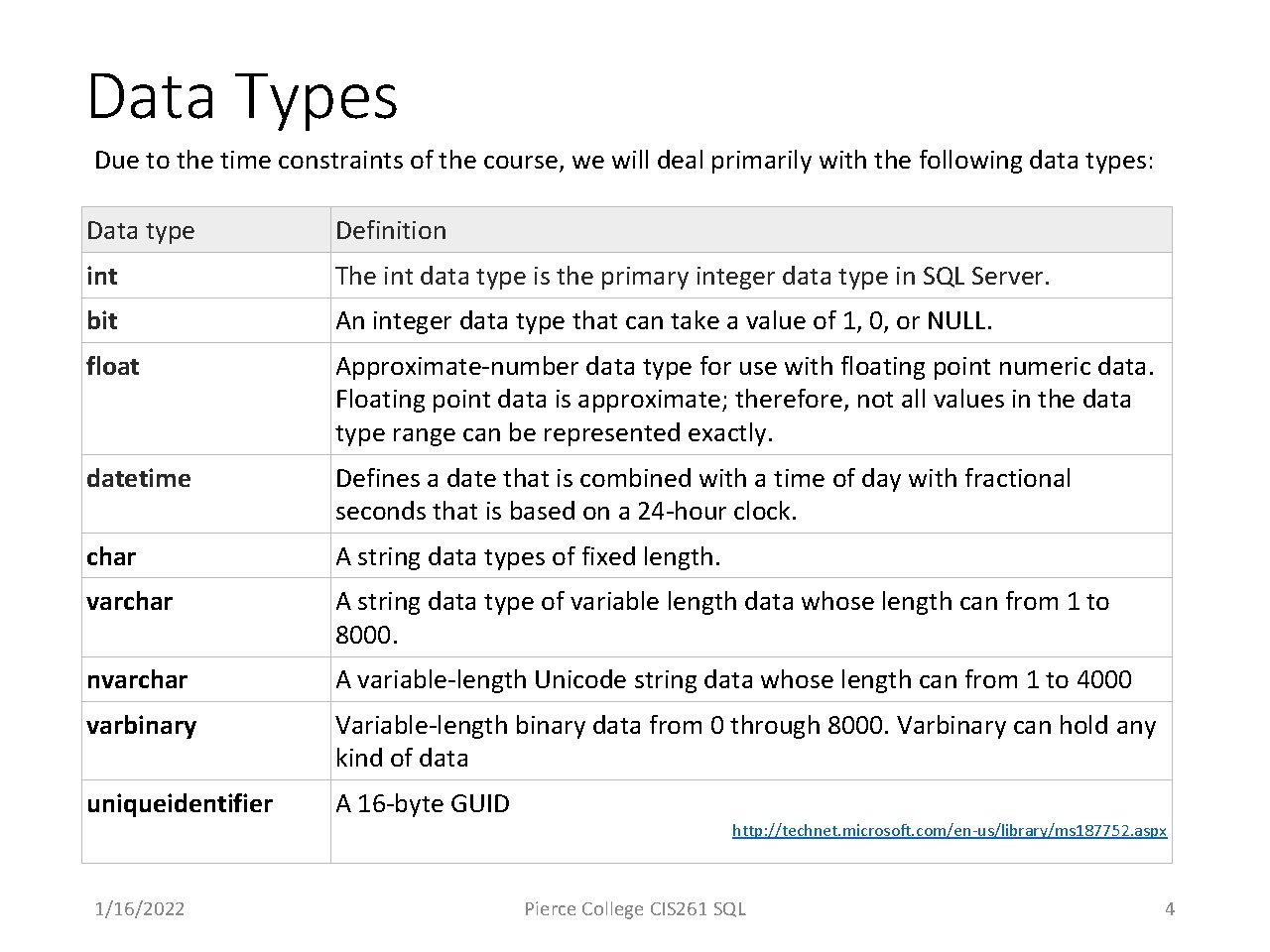 Data Types Due to the time constraints of the course, we will deal primarily