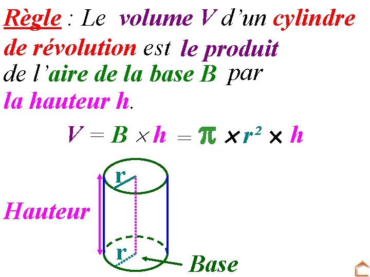 Règle : Le volume V d’un cylindre de révolution est le produit de l’aire