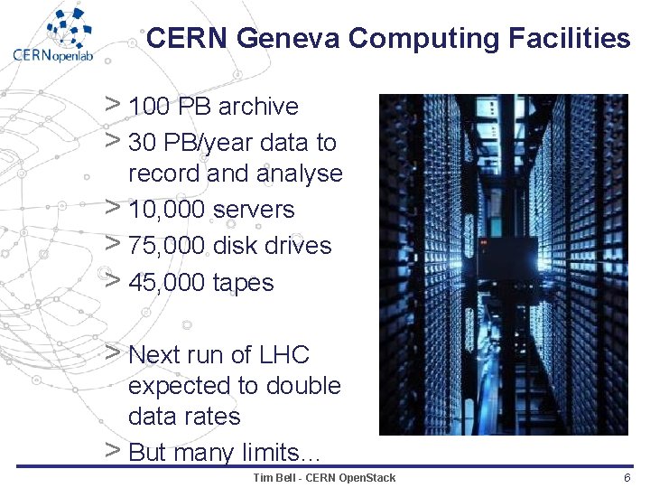 CERN Geneva Computing Facilities > 100 PB archive > 30 PB/year data to record