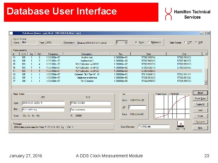Database User Interface January 27, 2016 A DDS Clock Measurement Module 23 Database User Interface January 27, 2016 A DDS Clock Measurement Module 23