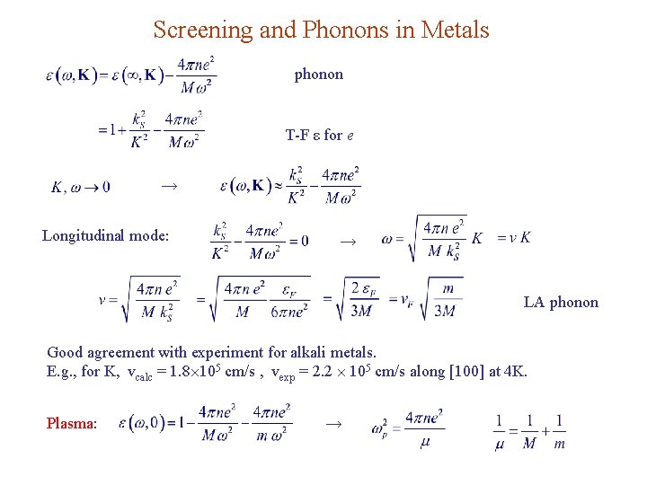 Screening and Phonons in Metals phonon T-F ε for e → Longitudinal mode: →