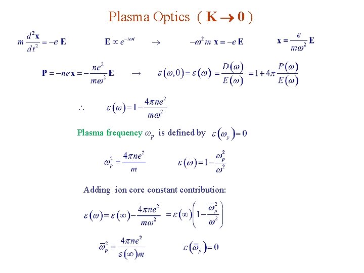 Plasma Optics ( K 0 ) → Plasma frequency ωp is defined by Adding