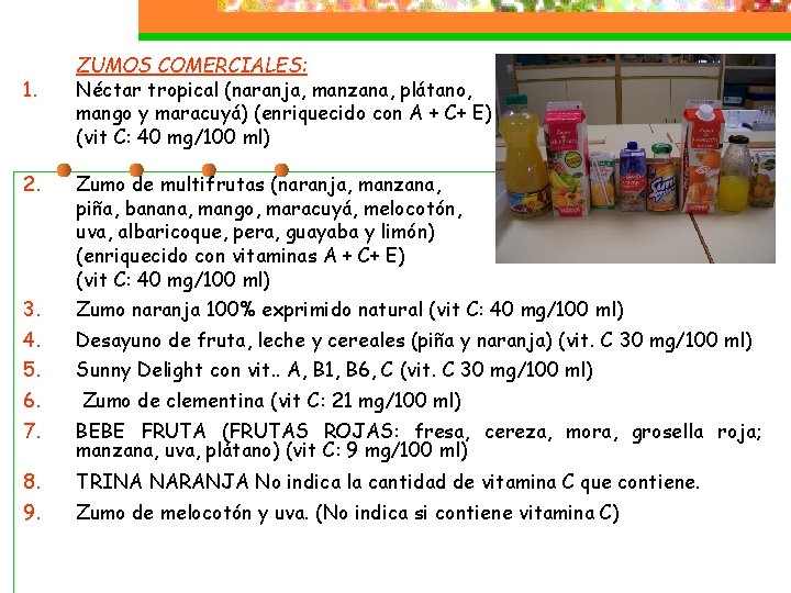 1. ZUMOS COMERCIALES: Néctar tropical (naranja, manzana, plátano, mango y maracuyá) (enriquecido con A