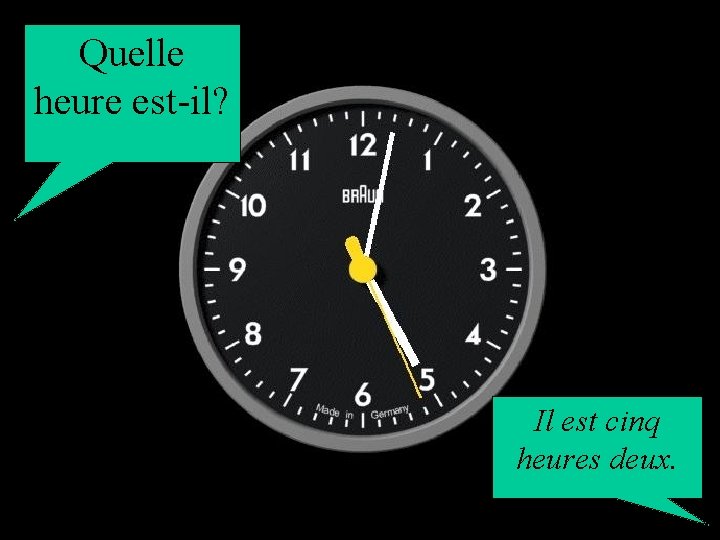 Quelle heure est-il? Il est cinq heures deux. 